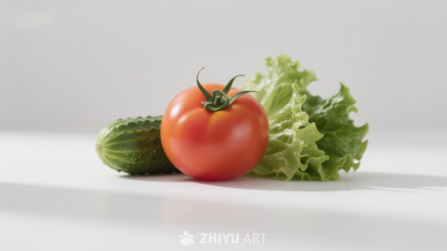 新鲜蔬菜组合：番茄、黄瓜与生菜