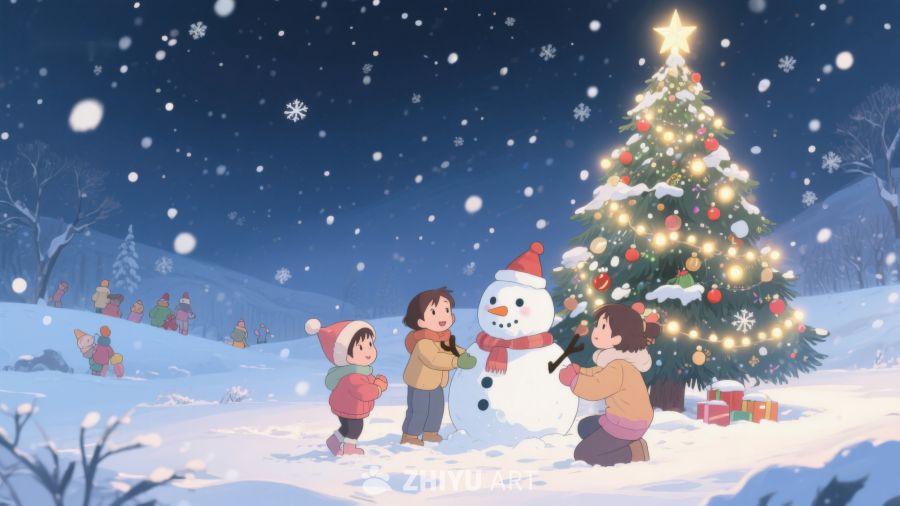 冬夜雪地里的圣诞树与孩子们 99