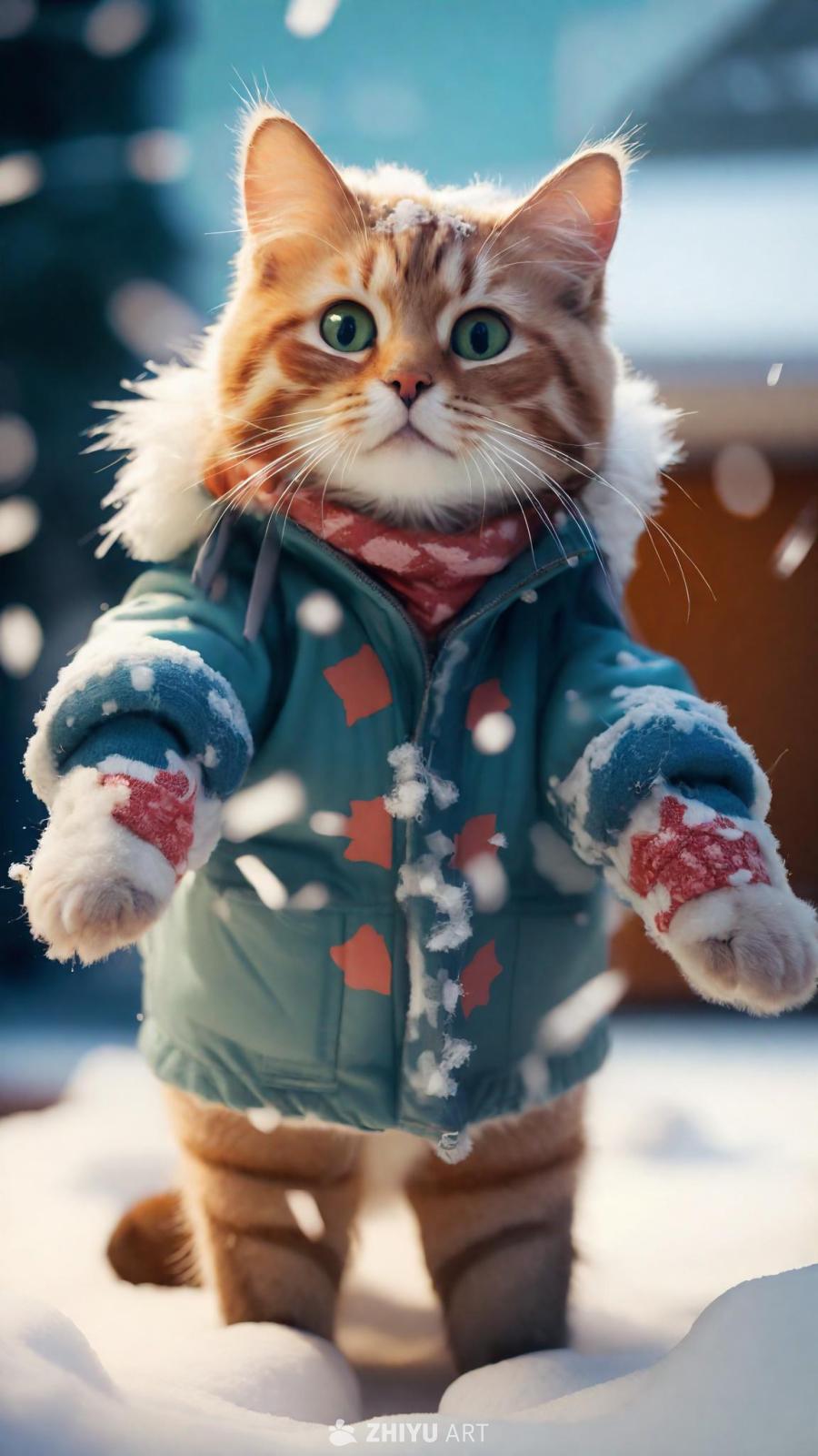 一只3D猫咪穿着雪地服装，像人类一样双腿站立在雪地