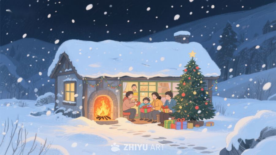 雪夜温馨小屋，家人围炉共度圣诞 419