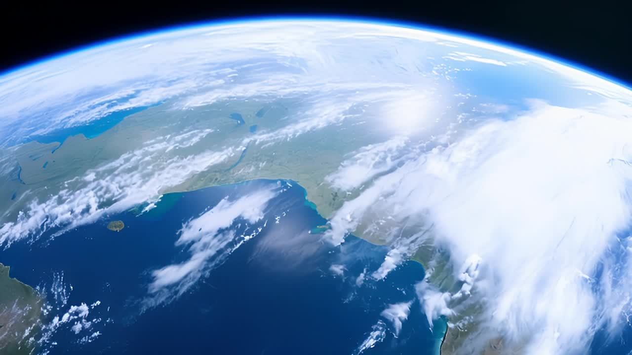 从太空看到的地球，显示白色云层、蓝色海洋和绿色陆地