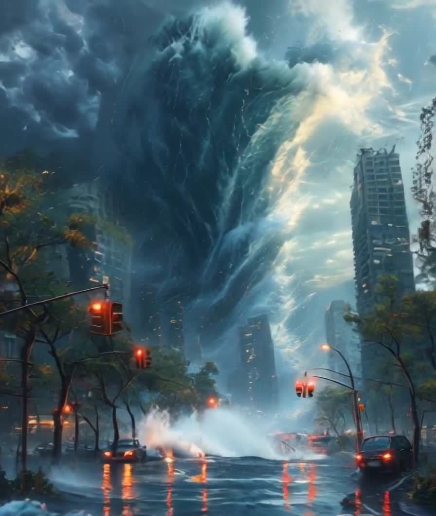 城市风暴：巨型漩涡笼罩，末日景象。