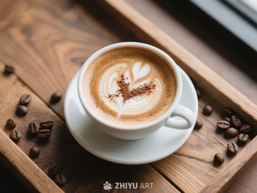 木盘上的拿铁咖啡与咖啡豆 721