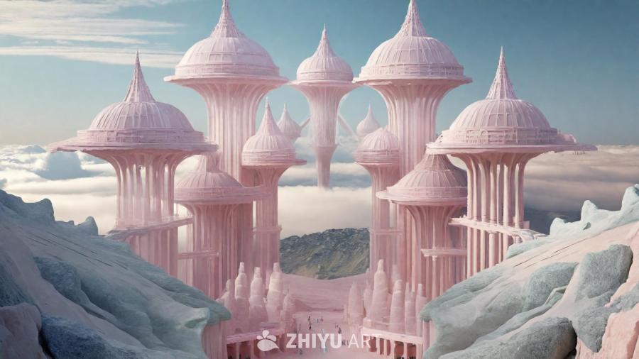 一个极简主义的粉色雅典神庙上方，漂浮着空灵的龙形骨
