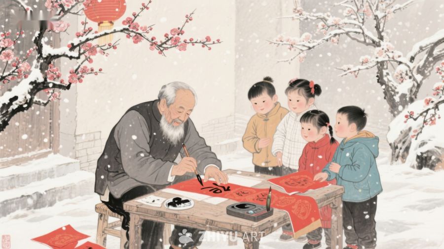 雪中老人书写春联，孩童围观 1133