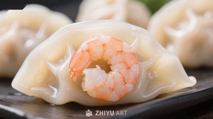 鲜虾饺特写，晶莹剔透