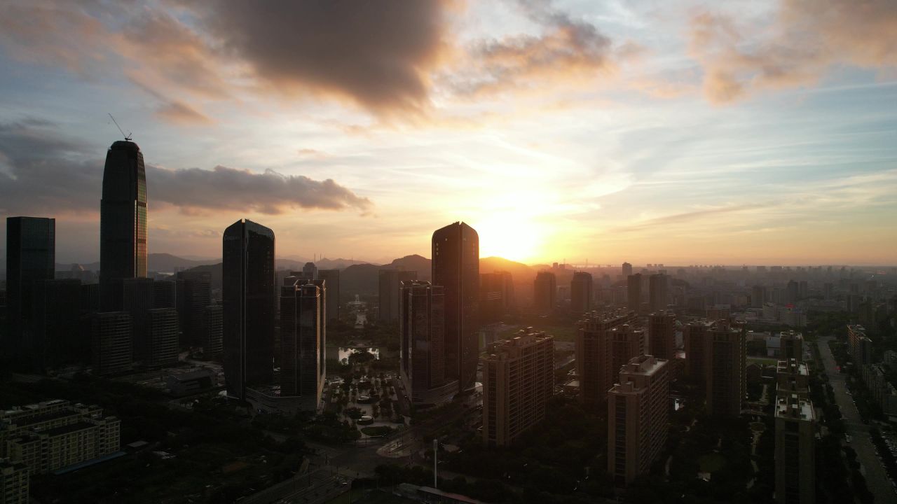  浙江台州城市高楼日出彩霞航拍