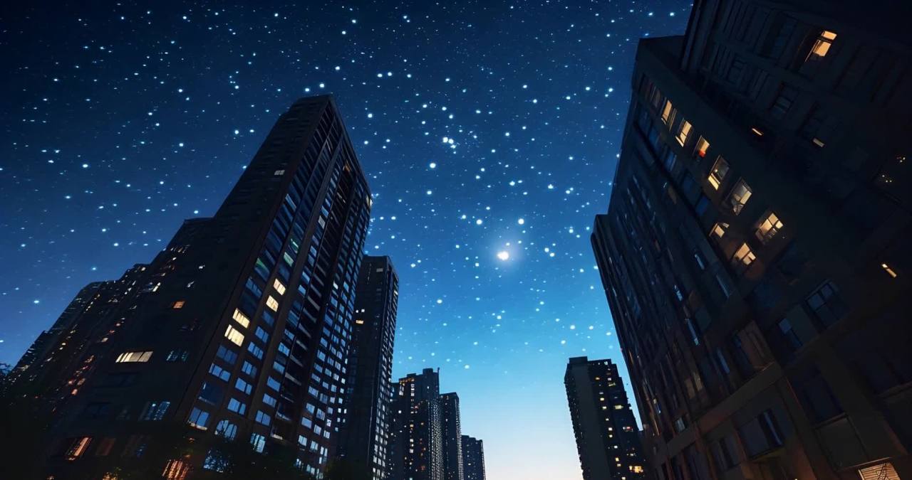 夜幕下的城市高楼与繁星点点的夜空