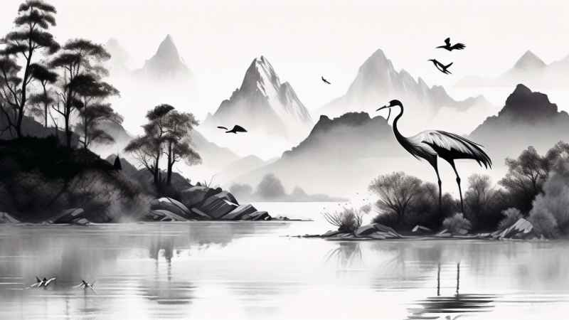 国风山水鹤插画背景 35