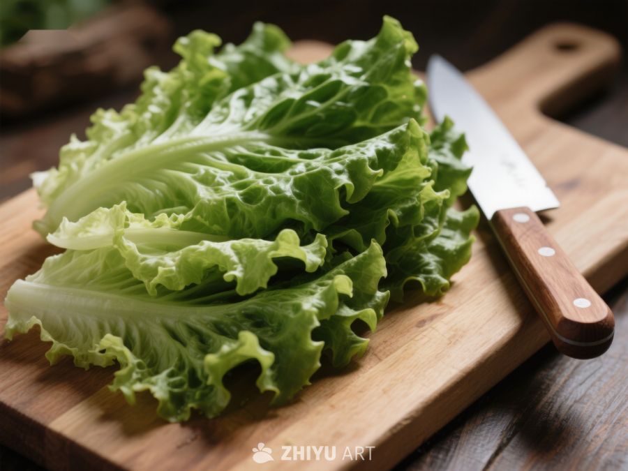 新鲜生菜置于木制砧板上 524