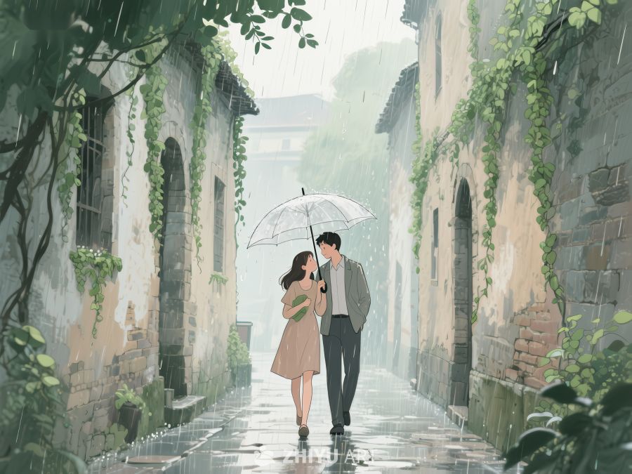 雨巷情侣，伞下漫步 1128