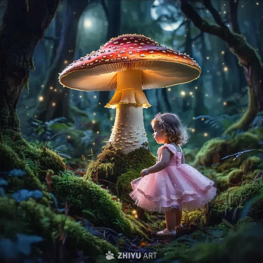 夜幕下的魔法森林中，一个巨大的发光蘑菇散发着光芒。