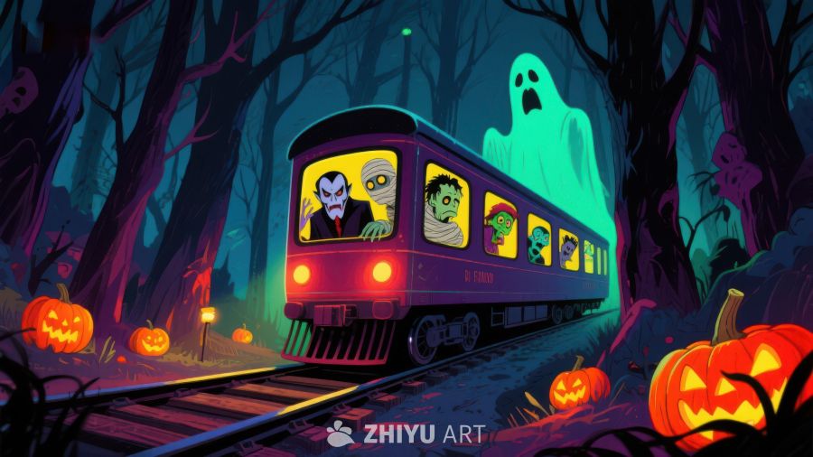 万圣节幽灵列车夜行森林