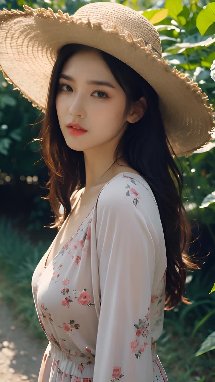 一个女人站在茂盛的花园里，她深色的长发垂在背上。她