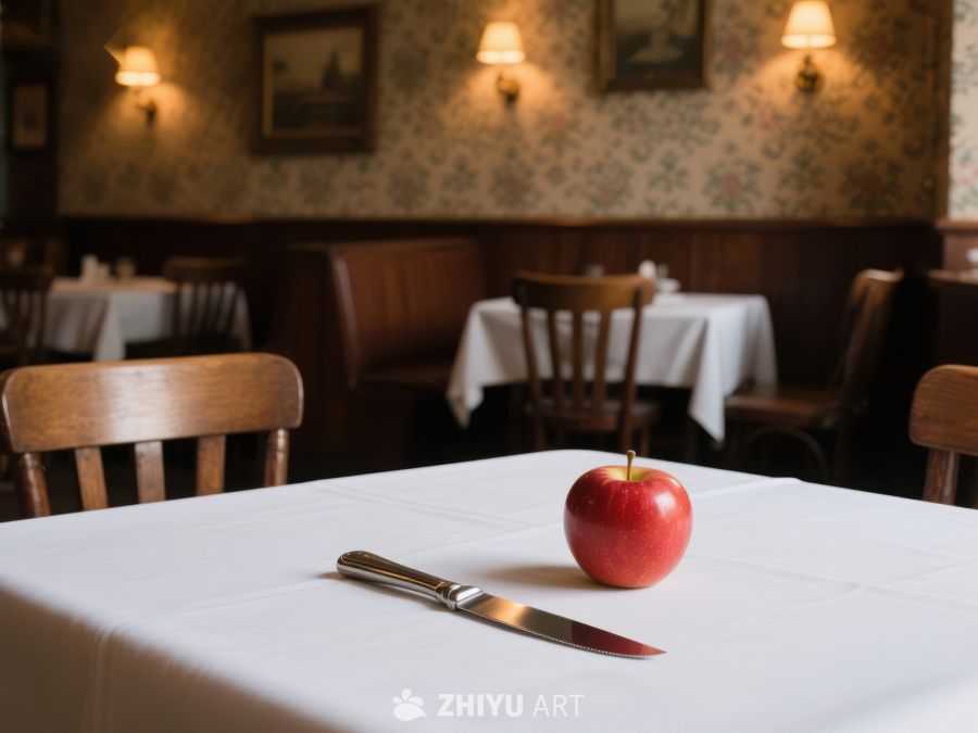 餐厅餐桌上的红苹果与刀具 55
