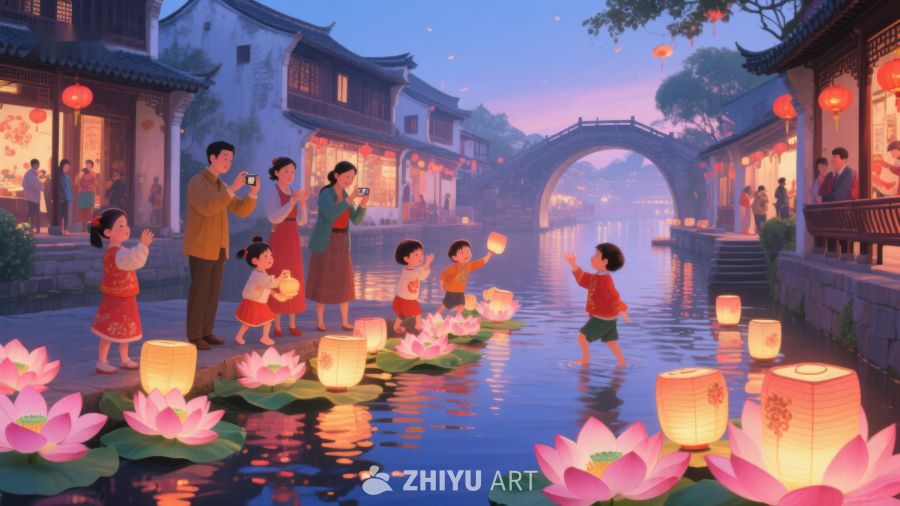 古镇河畔，灯笼与莲花灯的温馨夜景 248