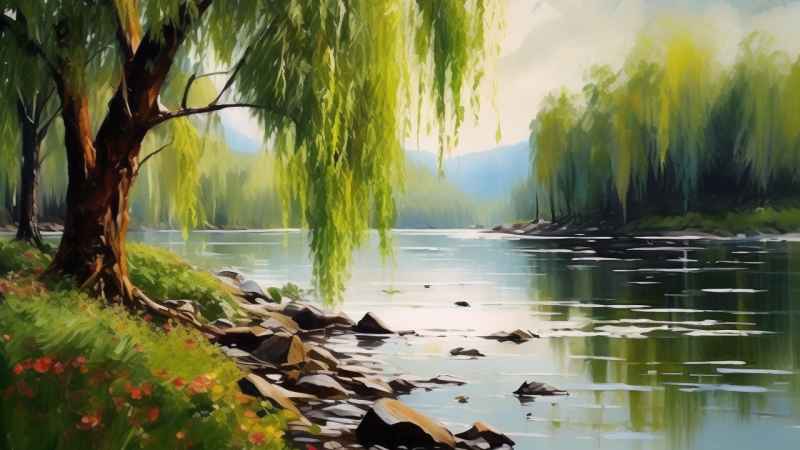 河边柳树插画风景图 12