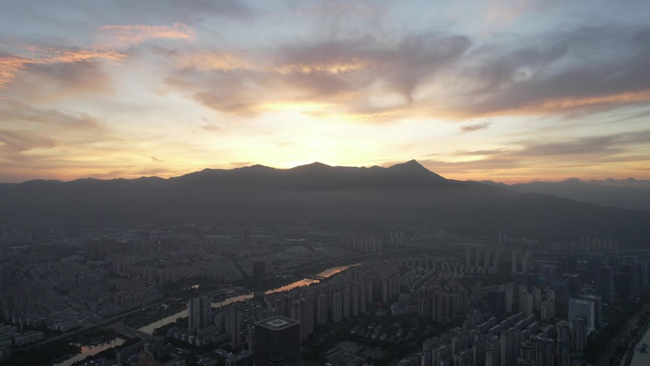 福建福州城市清晨闽江日出航拍