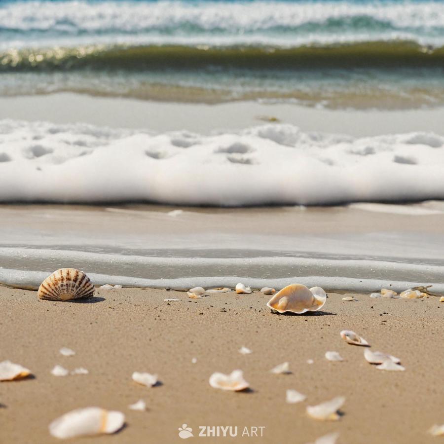 海滩上，海浪轻柔地拍打着沙滩。沙滩上散落着各种贝壳