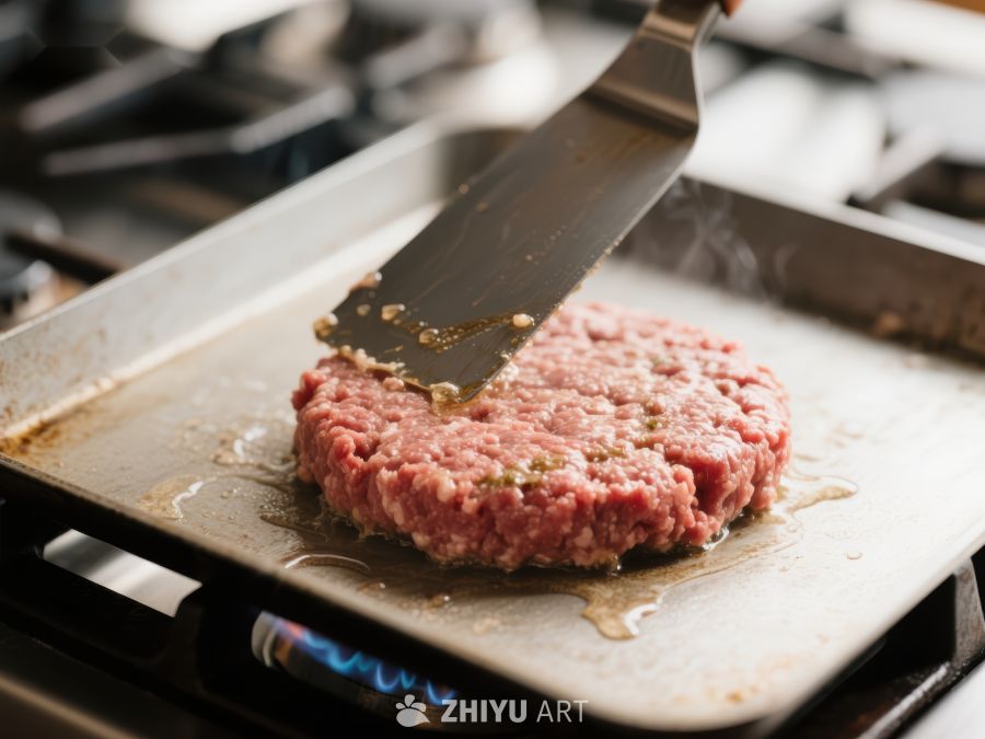 煎锅上的汉堡肉饼翻面