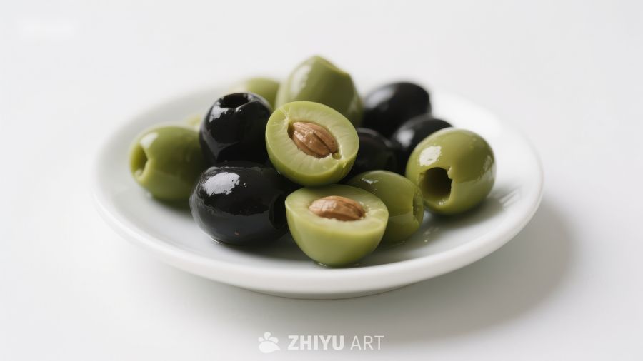 盘中绿黑橄榄特写