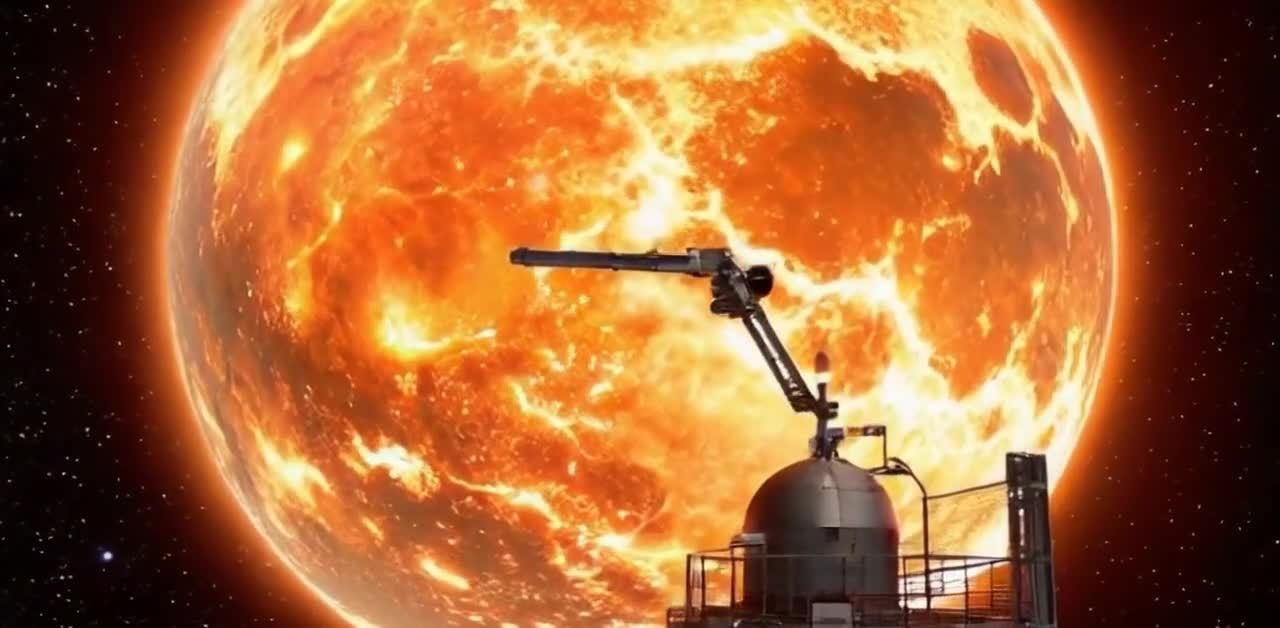一个太空基地位于一个巨大的、发光的橙色星球前，背景