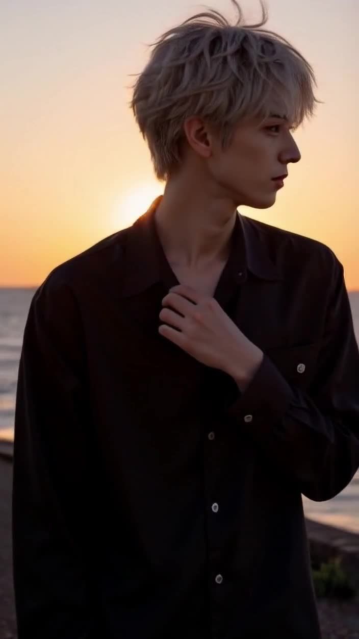 金发男子海边日落侧脸黑衬衫