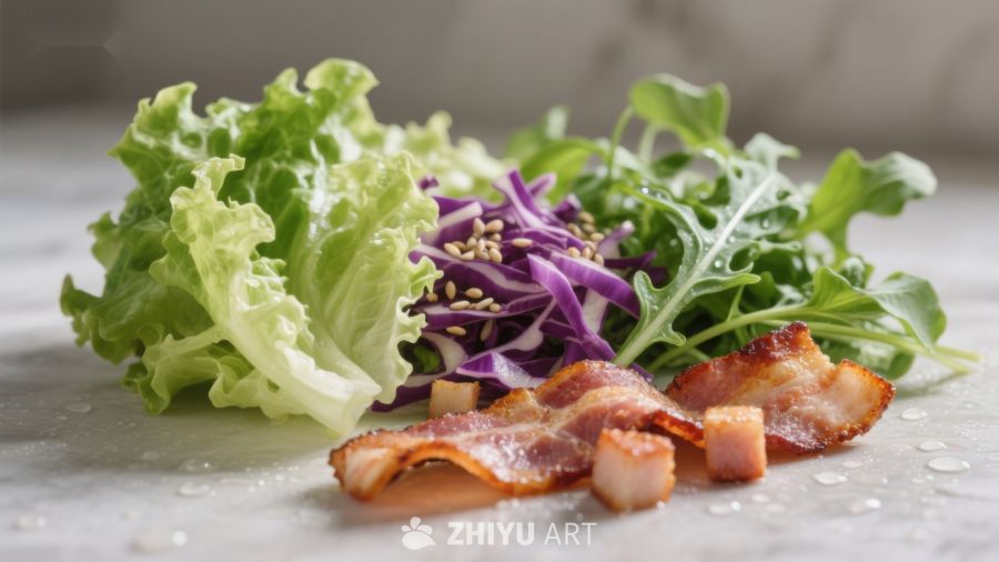 新鲜蔬菜与培根食材组合