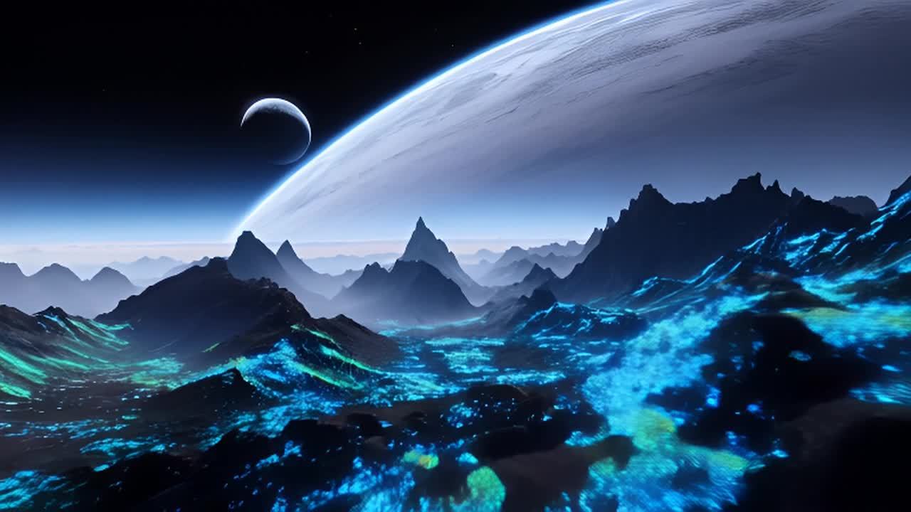 一个外太空星球，星球表面崎岖不平，呈现出广阔的地貌