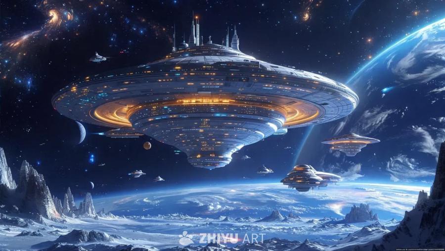 一个巨大的环形空间站，设计成类似砗磲蛤，坐落在太空