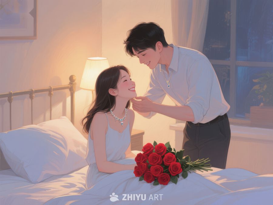 温馨床边，男子献花女子笑 727