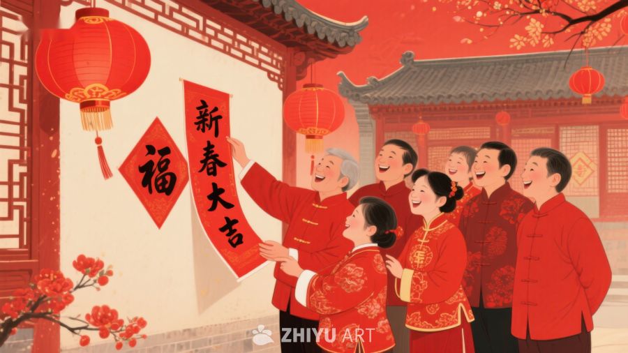 新春佳节，家人共贴福字迎新年 993