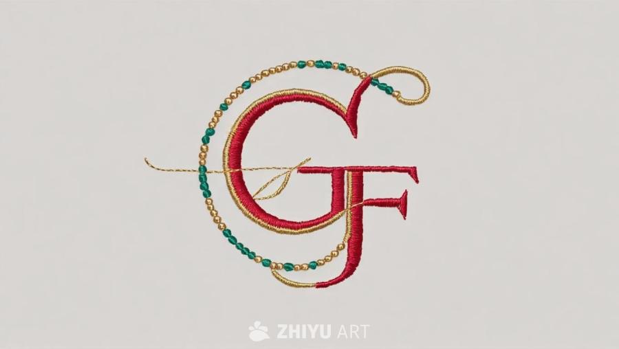 字母G和F构成的标志，G字母呈现刺绣的流线型，呈环