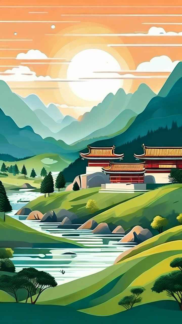 青山绿色村庄插画 29