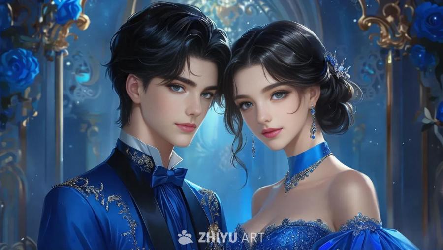 画面中，一对黑发、白皮肤的动漫风格双胞胎，一男一女