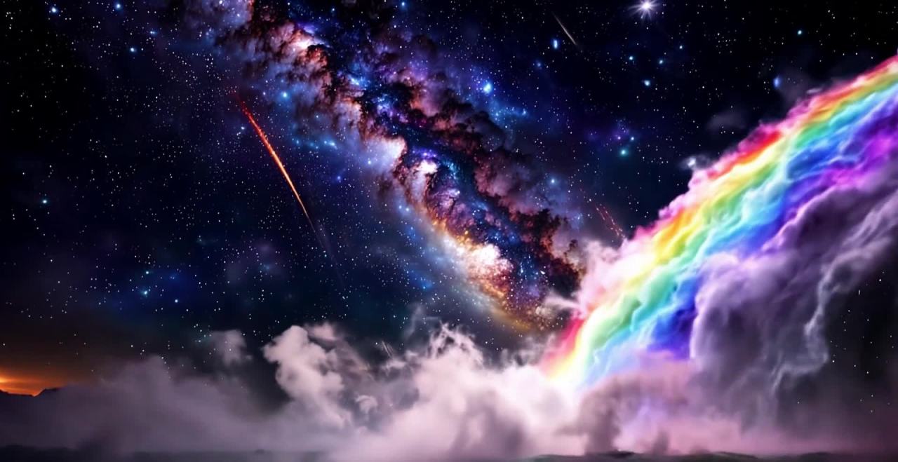 一条彩虹瀑布从银河系倾泻而下，汇入云海。星空中点缀