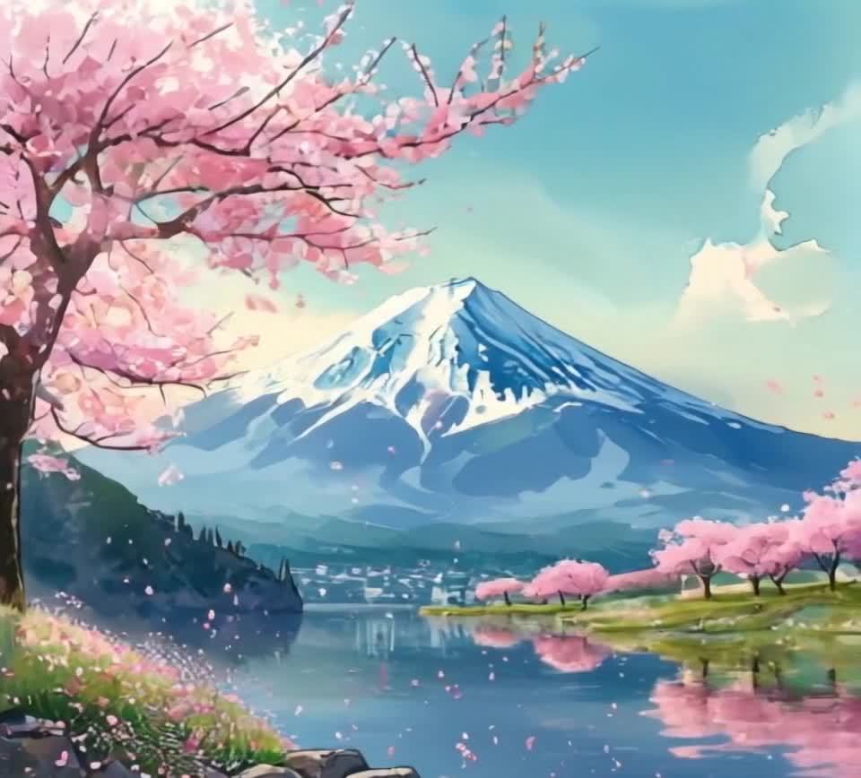 白雪山峰湖泊樱花树宁静美景如画