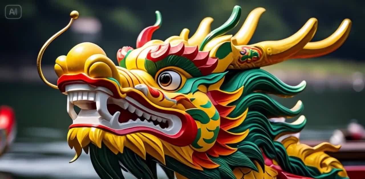 色彩鲜艳的金色龙头龙舟特写