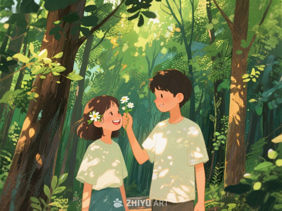 森林中微笑的少年少女 597