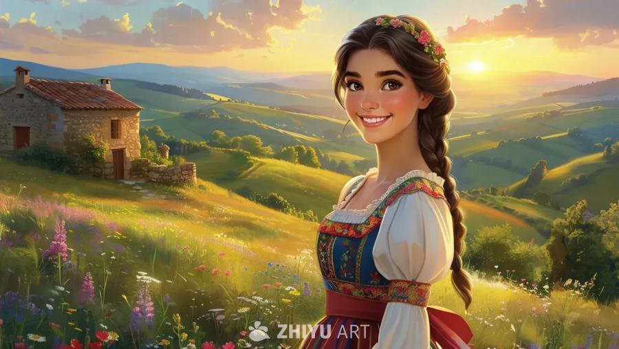 穿着传统服饰的巴斯克美女，在如画般的乡村背景下灿烂