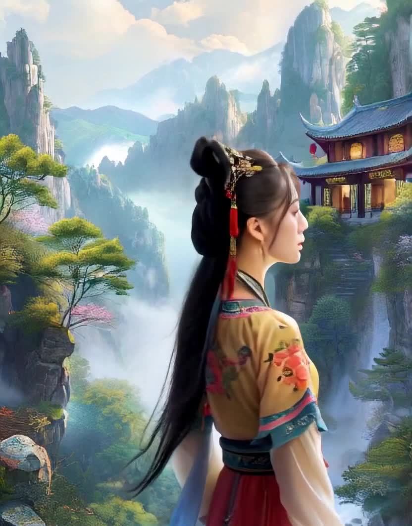 古装美女伫立山水间，瀑布中式建筑背景。