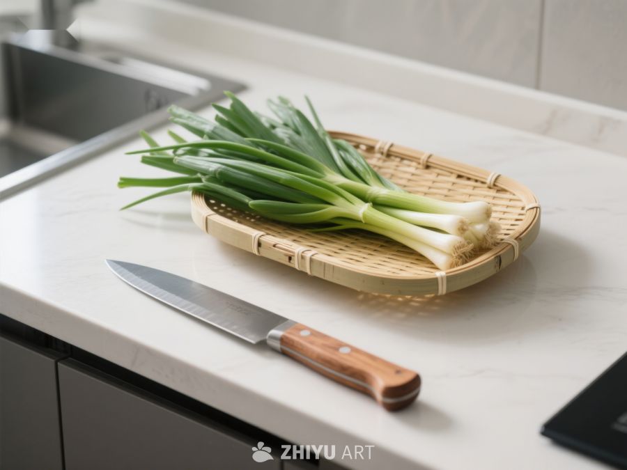 厨房台面的葱与刀具 75