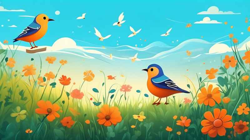 一个场景的草与鸟可爱的卡通风格 4
