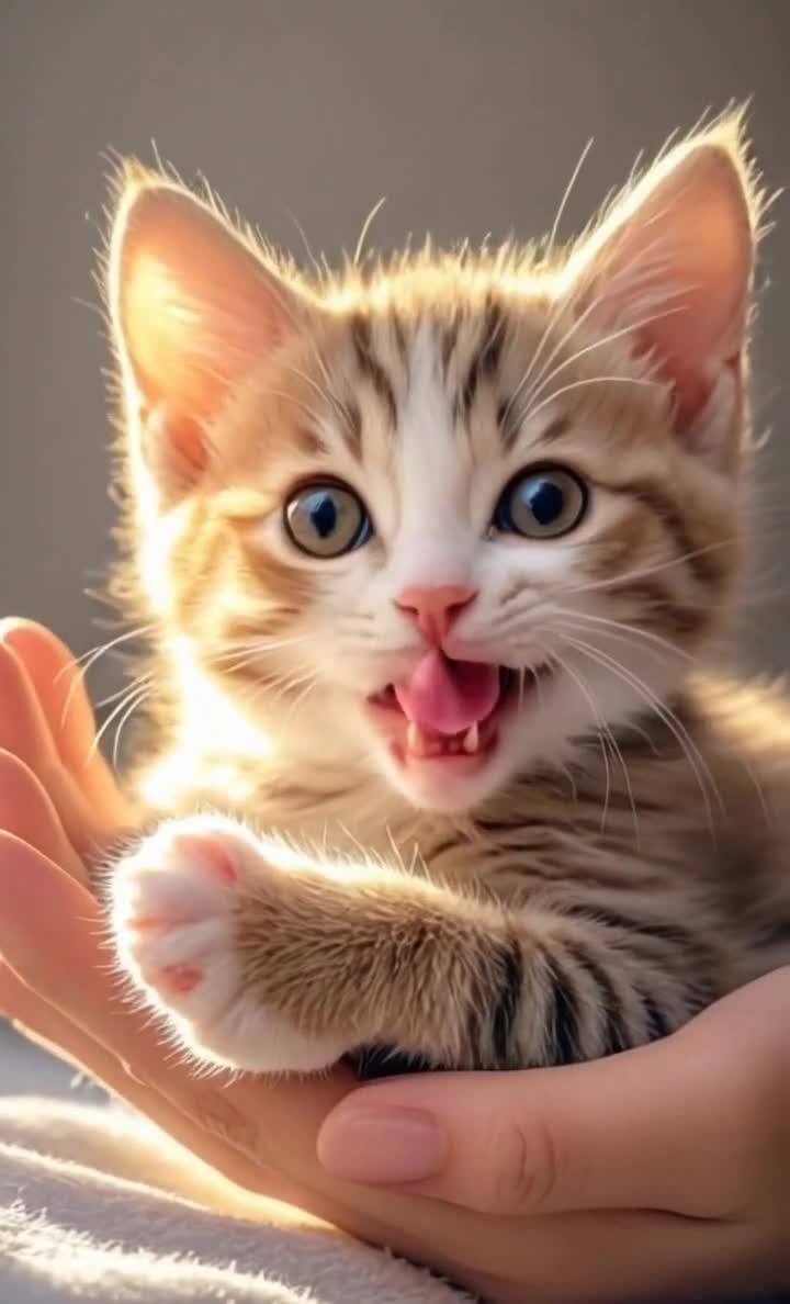 被托在手掌中的小猫，阳光照射毛发特写