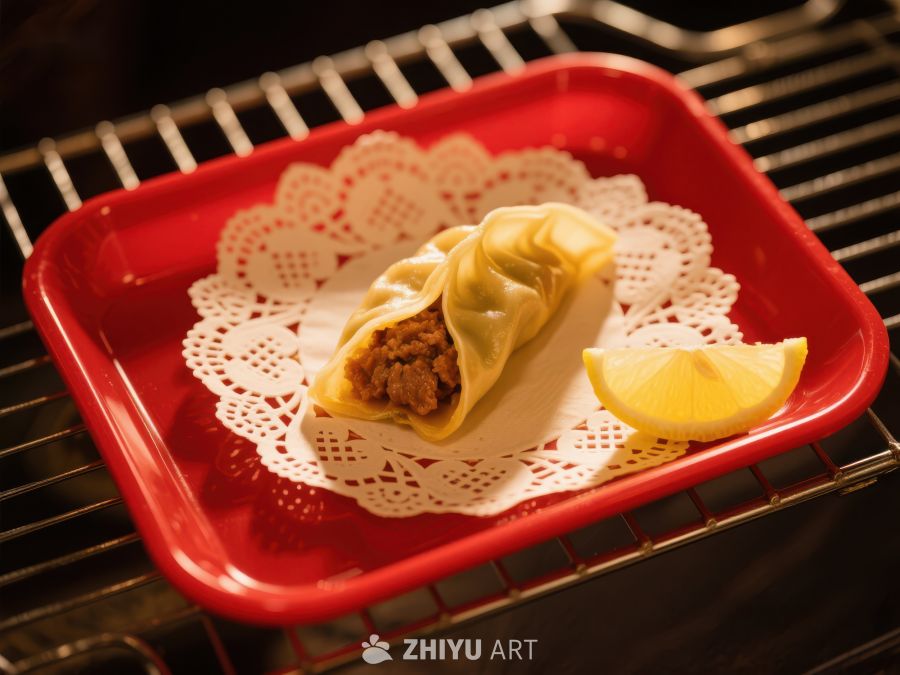 红色托盘上的饺子配柠檬片 171