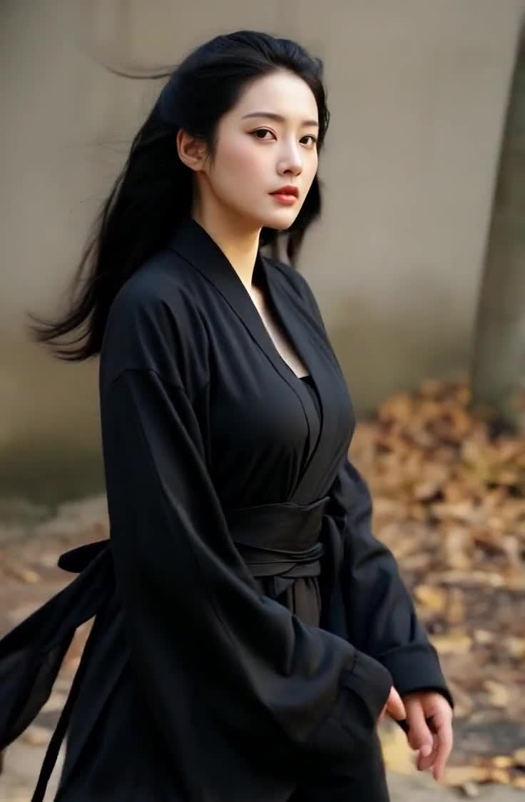 秋日落叶中着黑色外套的美丽东方女子