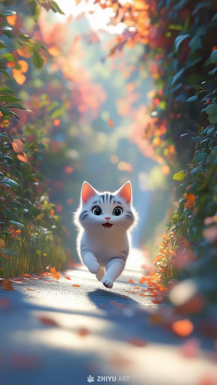 一只带有灰色条纹的白色小猫在道路上奔跑。道路两旁是