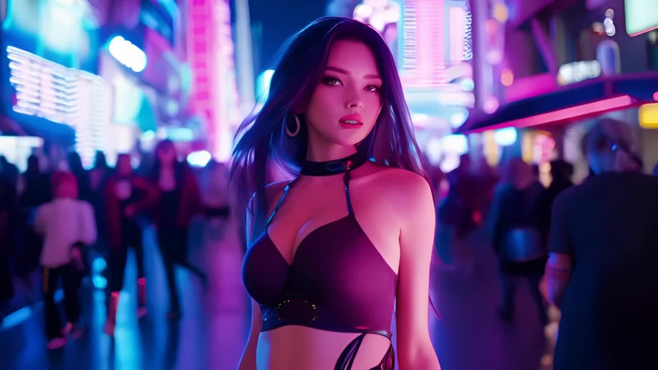 一个穿着高腰短上衣和丁字裤的动漫风格女性站在一个繁