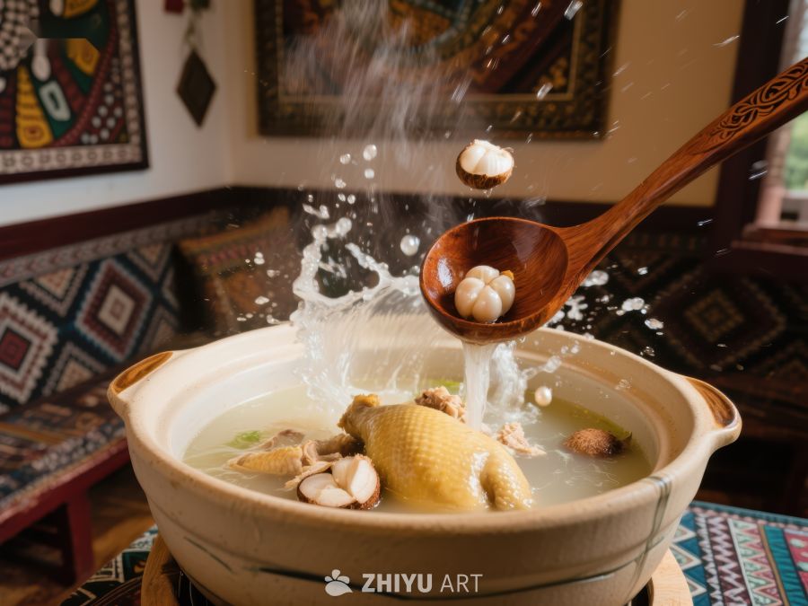 热气腾腾的鸡汤锅，勺子舀起蘑菇 561