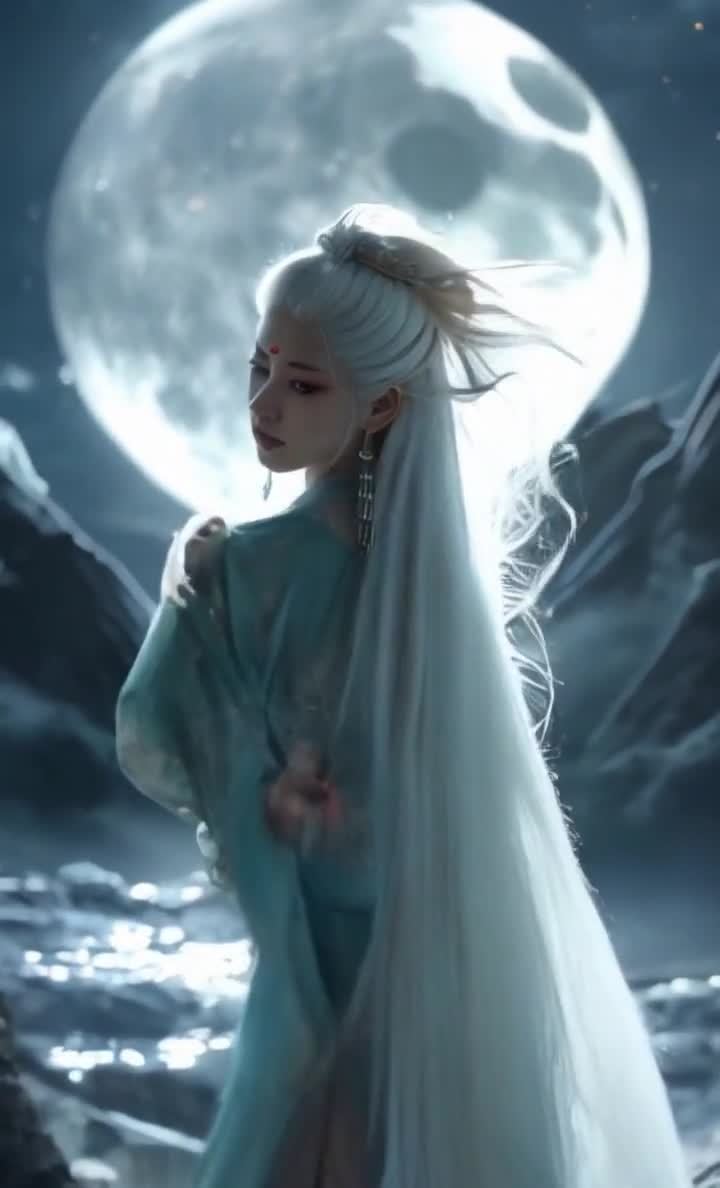 月光下的羽饰银发仙女，梦幻般的氛围。